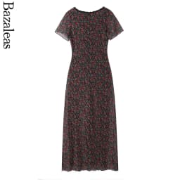 2025 Elegant lace Dress for summer V neckline Women short sleeve Party Dress midi rose Flora print holiday party dresses