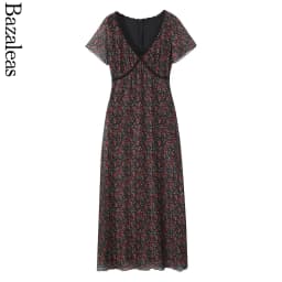 2025 Elegant lace Dress for summer V neckline Women short sleeve Party Dress midi rose Flora print holiday party dresses