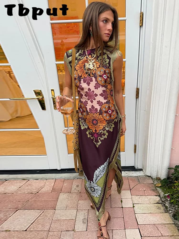 Elegant Printed Women's Dress Fringed Sleeveless Slim Irregular Lady Dresses 2026 Spring Summer Chic Female Holiday Robe