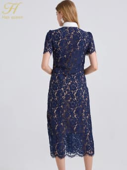 H Han Queen Elegant France Women Single Breasted Lace Dresses Female Hollow Out Short Sleeve Vintage Midi Dress Female Clothing