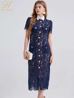 H Han Queen Elegant France Women Single Breasted Lace Dresses Female Hollow Out Short Sleeve Vintage Midi Dress Female Clothing