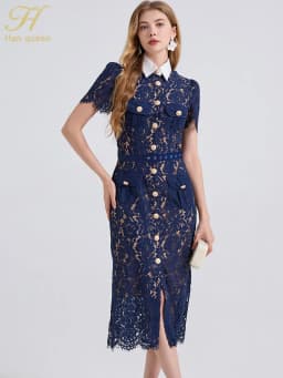 H Han Queen Elegant France Women Single Breasted Lace Dresses Female Hollow Out Short Sleeve Vintage Midi Dress Female Clothing
