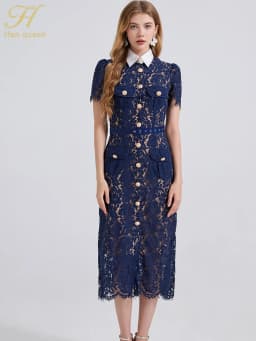 H Han Queen Elegant France Women Single Breasted Lace Dresses Female Hollow Out Short Sleeve Vintage Midi Dress Female Clothing