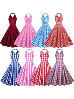 Hepburn Summer Dress Women Plaid Vintage Halter Robe Housewife Retro 50s 60s Midi Dresses Vestidos