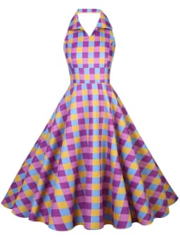 Hepburn Summer Dress Women Plaid Vintage Halter Robe Housewife Retro 50s 60s Midi Dresses Vestidos