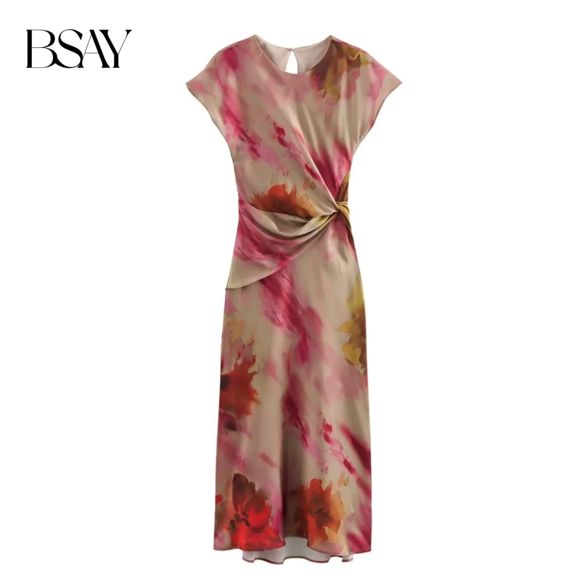 BSAY Women Fashion New Printing Satin Texture Knot Sleeveless O-neck Long Midi Dress French Chic Female Evening Clothing
