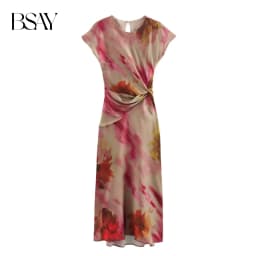 BSAY Women Fashion New Printing Satin Texture Knot Sleeveless O-neck Long Midi Dress French Chic Female Evening Clothing