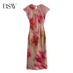 BSAY Women Fashion New Printing Satin Texture Knot Sleeveless O-neck Long Midi Dress French Chic Female Evening Clothing