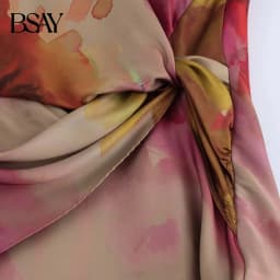 BSAY Women Fashion New Printing Satin Texture Knot Sleeveless O-neck Long Midi Dress French Chic Female Evening Clothing