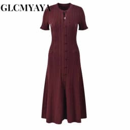 GLCMYAYA Women Single Breasted O-neck Short Sleeve Knit Ribbed Bodycon Midi Dress 2025 Vacation Sexy Party Club Vestidos Dresses