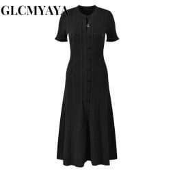 GLCMYAYA Women Single Breasted O-neck Short Sleeve Knit Ribbed Bodycon Midi Dress 2025 Vacation Sexy Party Club Vestidos Dresses