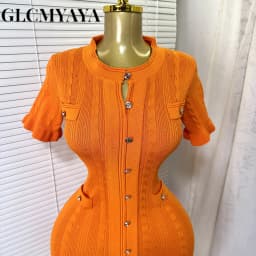 GLCMYAYA Women Single Breasted O-neck Short Sleeve Knit Ribbed Bodycon Midi Dress 2025 Vacation Sexy Party Club Vestidos Dresses