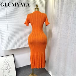 GLCMYAYA Women Single Breasted O-neck Short Sleeve Knit Ribbed Bodycon Midi Dress 2025 Vacation Sexy Party Club Vestidos Dresses