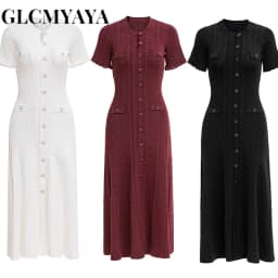 GLCMYAYA Women Single Breasted O-neck Short Sleeve Knit Ribbed Bodycon Midi Dress 2025 Vacation Sexy Party Club Vestidos Dresses