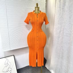 GLCMYAYA Women Single Breasted O-neck Short Sleeve Knit Ribbed Bodycon Midi Dress 2025 Vacation Sexy Party Club Vestidos Dresses