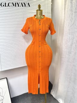 GLCMYAYA Women Single Breasted O-neck Short Sleeve Knit Ribbed Bodycon Midi Dress 2025 Vacation Sexy Party Club Vestidos Dresses