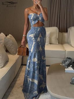 Bonnie Forest Women's Tropical Palm Print Drawstring Pleated Long Dress Summer Holiday Outfits Girls Cut-Out Ruffles Beach Dress