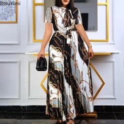 Fashionable and Elegant Print Pleated Long Dresses for Women Oversized Short-sleeved Ladies Temperament Maxi Dress Evening Gowns