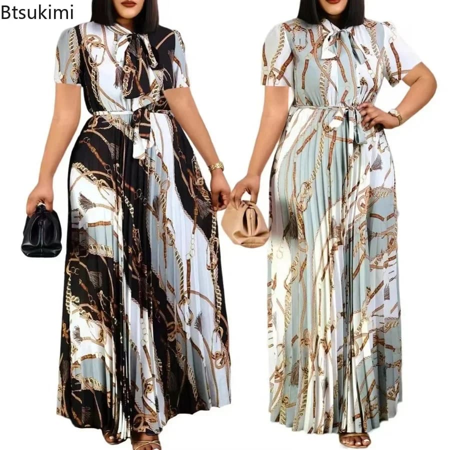 Fashionable and Elegant Print Pleated Long Dresses for Women Oversized Short-sleeved Ladies Temperament Maxi Dress Evening Gowns