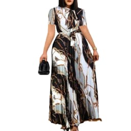 Fashionable and Elegant Print Pleated Long Dresses for Women Oversized Short-sleeved Ladies Temperament Maxi Dress Evening Gowns