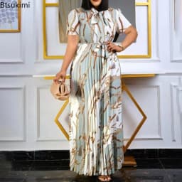 Fashionable and Elegant Print Pleated Long Dresses for Women Oversized Short-sleeved Ladies Temperament Maxi Dress Evening Gowns