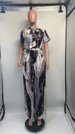 Fashionable and Elegant Print Pleated Long Dresses for Women Oversized Short-sleeved Ladies Temperament Maxi Dress Evening Gowns