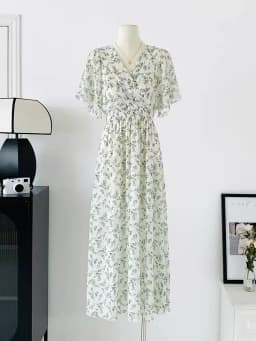2026 Summer Women Ruffled Short-sleeved Chiffon Dress V-neck High Waist Floral Print Beach Midi Dresses Backless Sexy Vestidos