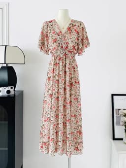 2026 Summer Women Ruffled Short-sleeved Chiffon Dress V-neck High Waist Floral Print Beach Midi Dresses Backless Sexy Vestidos