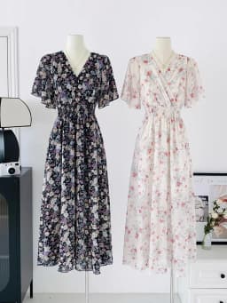 2026 Summer Women Ruffled Short-sleeved Chiffon Dress V-neck High Waist Floral Print Beach Midi Dresses Backless Sexy Vestidos