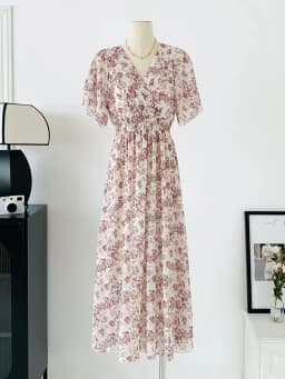 2026 Summer Women Ruffled Short-sleeved Chiffon Dress V-neck High Waist Floral Print Beach Midi Dresses Backless Sexy Vestidos