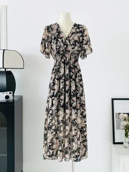 2026 Summer Women Ruffled Short-sleeved Chiffon Dress V-neck High Waist Floral Print Beach Midi Dresses Backless Sexy Vestidos