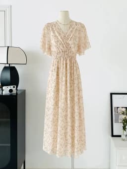2026 Summer Women Ruffled Short-sleeved Chiffon Dress V-neck High Waist Floral Print Beach Midi Dresses Backless Sexy Vestidos