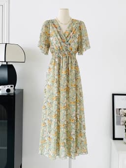 2026 Summer Women Ruffled Short-sleeved Chiffon Dress V-neck High Waist Floral Print Beach Midi Dresses Backless Sexy Vestidos
