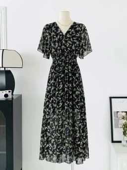 2026 Summer Women Ruffled Short-sleeved Chiffon Dress V-neck High Waist Floral Print Beach Midi Dresses Backless Sexy Vestidos