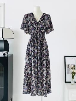 2026 Summer Women Ruffled Short-sleeved Chiffon Dress V-neck High Waist Floral Print Beach Midi Dresses Backless Sexy Vestidos