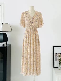 2026 Summer Women Ruffled Short-sleeved Chiffon Dress V-neck High Waist Floral Print Beach Midi Dresses Backless Sexy Vestidos