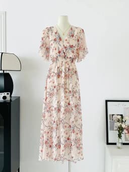 2026 Summer Women Ruffled Short-sleeved Chiffon Dress V-neck High Waist Floral Print Beach Midi Dresses Backless Sexy Vestidos