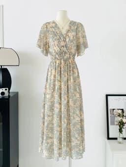 2026 Summer Women Ruffled Short-sleeved Chiffon Dress V-neck High Waist Floral Print Beach Midi Dresses Backless Sexy Vestidos