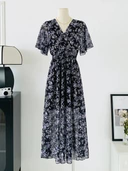 2026 Summer Women Ruffled Short-sleeved Chiffon Dress V-neck High Waist Floral Print Beach Midi Dresses Backless Sexy Vestidos