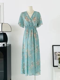 2026 Summer Women Ruffled Short-sleeved Chiffon Dress V-neck High Waist Floral Print Beach Midi Dresses Backless Sexy Vestidos