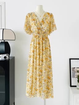 2026 Summer Women Ruffled Short-sleeved Chiffon Dress V-neck High Waist Floral Print Beach Midi Dresses Backless Sexy Vestidos