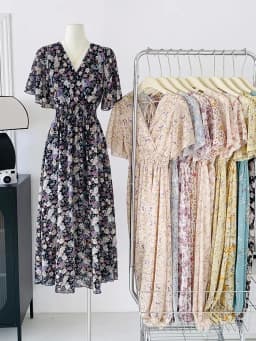 2026 Summer Women Ruffled Short-sleeved Chiffon Dress V-neck High Waist Floral Print Beach Midi Dresses Backless Sexy Vestidos