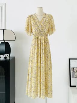 2026 Summer Women Ruffled Short-sleeved Chiffon Dress V-neck High Waist Floral Print Beach Midi Dresses Backless Sexy Vestidos