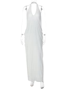 Mozision Mesh Halter Backless Sexy Maxi Dress Women Gown Fashion Elegant V Neck Sleeveless Pleated Club Party Long Dresses