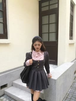 Women Korean College Preppy Mini Fake Two Pieces Shirt Dress Korean Chic Girl Bow Frock Long Sleeve One-Piece 2000s Sweet Y2k