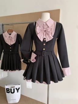 Women Korean College Preppy Mini Fake Two Pieces Shirt Dress Korean Chic Girl Bow Frock Long Sleeve One-Piece 2000s Sweet Y2k