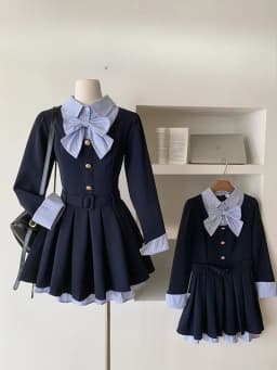 Women Korean College Preppy Mini Fake Two Pieces Shirt Dress Korean Chic Girl Bow Frock Long Sleeve One-Piece 2000s Sweet Y2k