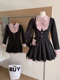 Women Korean College Preppy Mini Fake Two Pieces Shirt Dress Korean Chic Girl Bow Frock Long Sleeve One-Piece 2000s Sweet Y2k