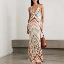 Bohemian Multicolor Chevron Halter Maxi Dress Retro Deep V Neck Criss Cross Backless Sleeveless Pleated Draped Dresses Holiday