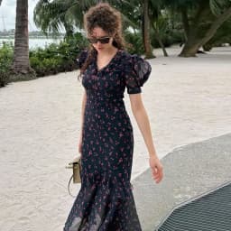 Elegant Printed Lace Trim V-Neck Dress Women Puff Sleeve Ruffled Hem Slit Maxi Dresses 2026 Summer New Lady Fashion Evening Wear